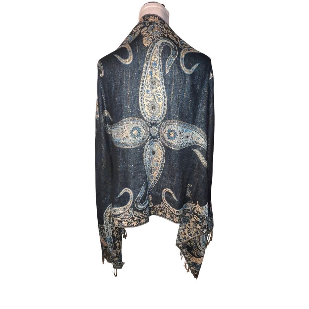 Paisley metallic blue, gold fringe‎ shawl scarf, sarong bohemian GypsyGoth - Picture 2 of 15